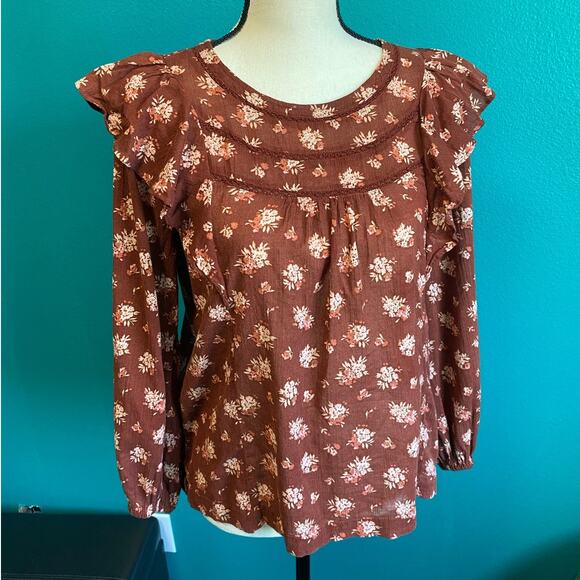Madewell Ladder Trim Ruffle Front Homestead Brown Women's Blouse Small - Picture 7 of 8